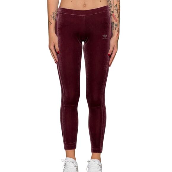 Adidas Originals Size Medium Velvet Vibes Maroon Red Leggings 3 Stripes New - Picture 2 of 9